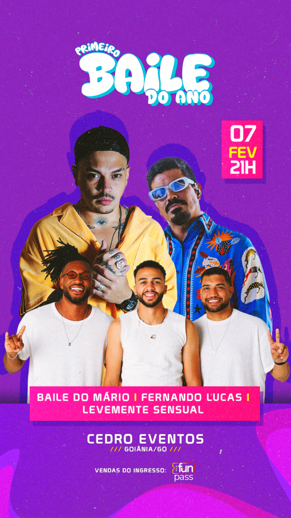 "Prepare-se para o Primeiro Baile do Ano em Goiânia! 🎉 Dia 7 de fevereiro, às 21h, no Cedro Eventos, com DJ Mário Pires, Fernando Lucas e Levemente Sensual. Não perca! 🎶✨".